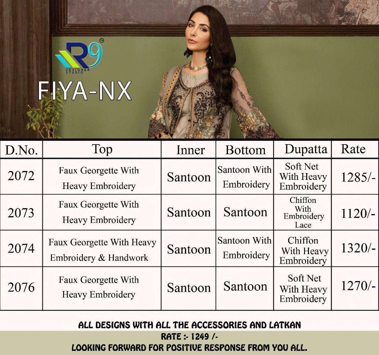 FIYA NX BY R9 2072 TO 2076 SERIES PAKISTANI SUITS BEAUTIFUL FANCY COLORFUL STYLISH PARTY WEAR & OCCASIONAL WEAR FAUX GEORGETTE PRINTED WITH EMBROIDERY DRESSES AT WHOLESALE PRICE